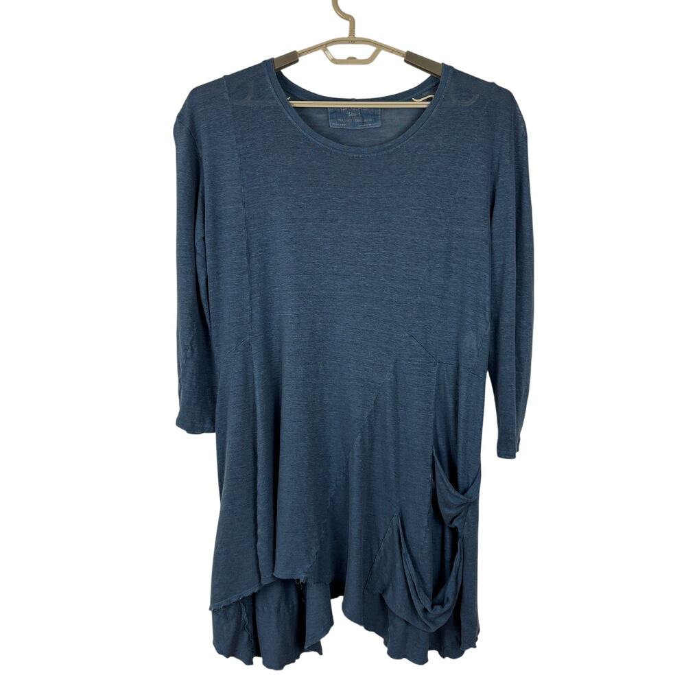 Grizas Blue Tunic Dress Washed 100% Linen pockets asymmetric hem lagenlook layer